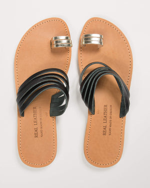 Eos Sandals with Thin Black and Gold Leather Straps - Kardia