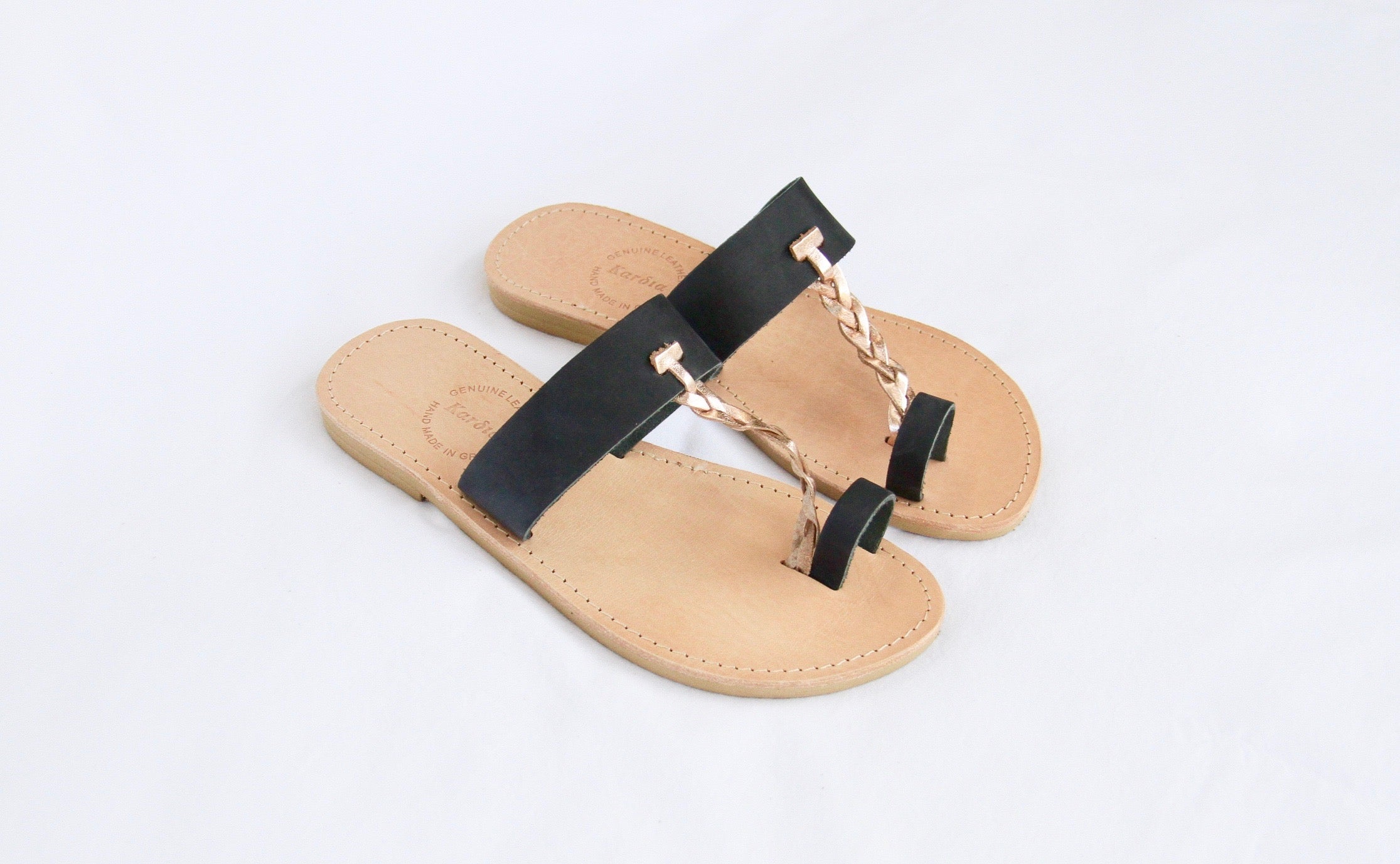 Eirenne Slides in Black and Rose Gold Leather - Kardia