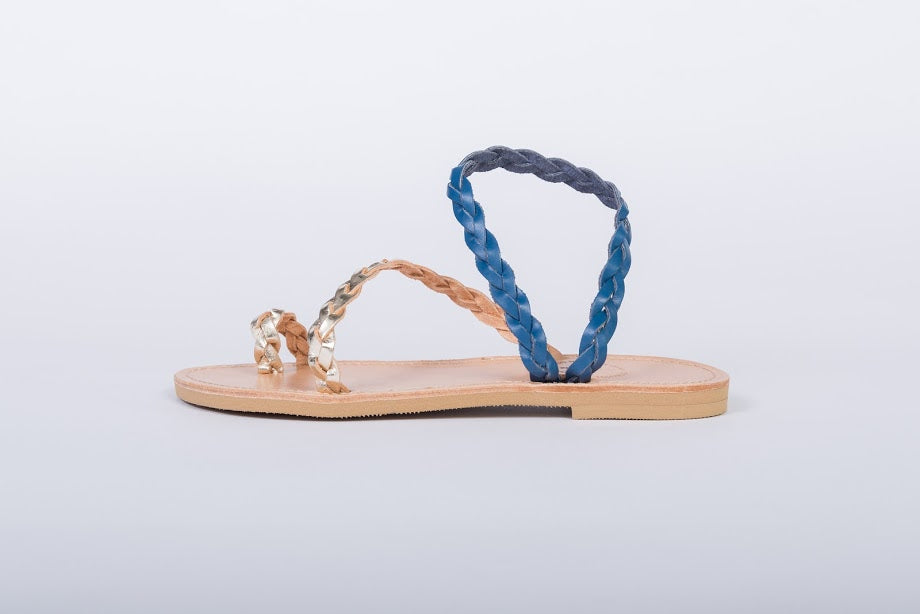 Elektra Braided Leather Sandals in Blue and Gold - Kardia