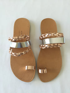 Selene Slip-on Sandals with Silver and Rose Gold Leather Straps - Kardia