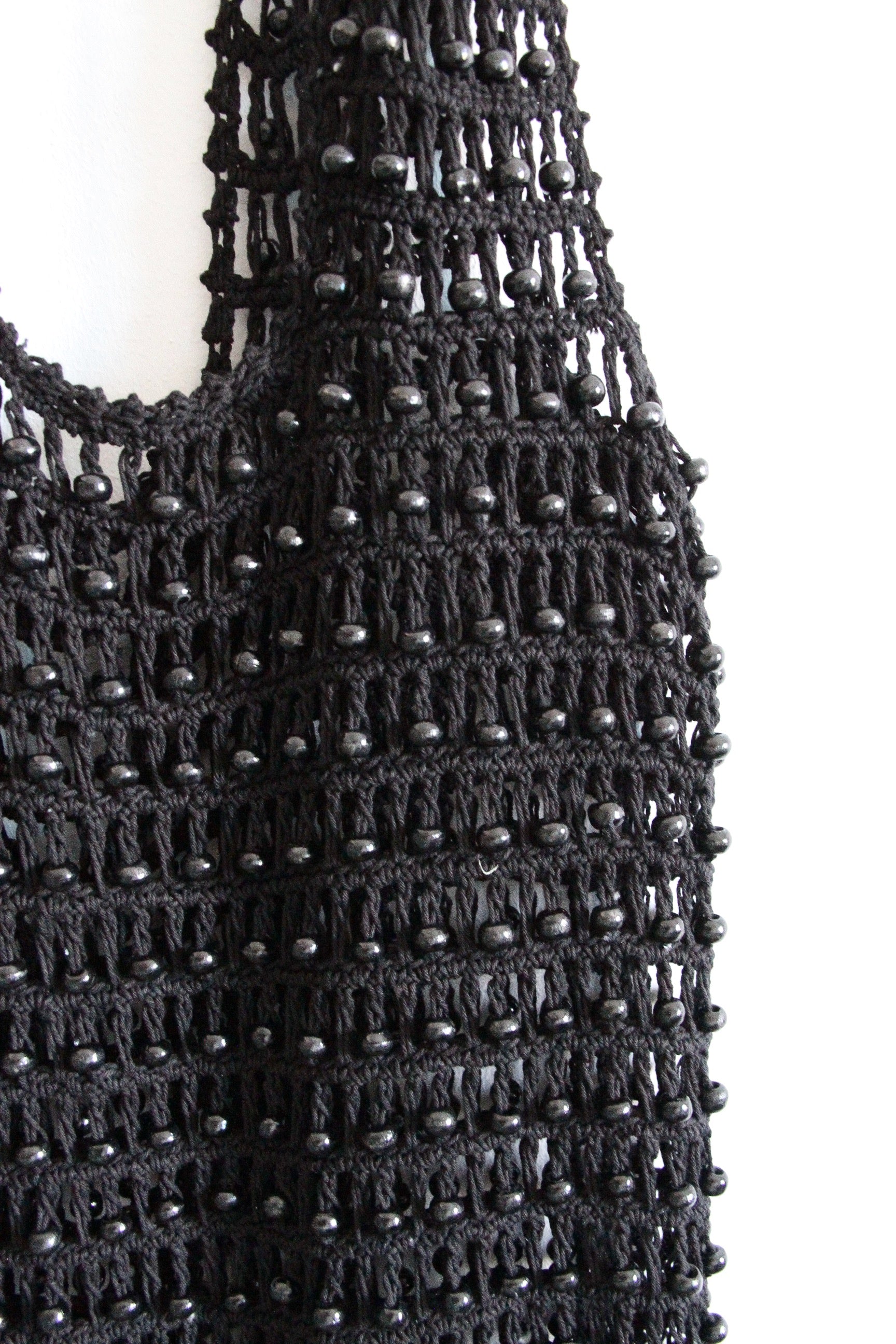 Beaded Shoulder Bag in Midnight Black Cotton - Kardia