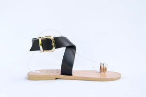 Pasha Sandals in Liquorice Black and Gold Leather - Kardia