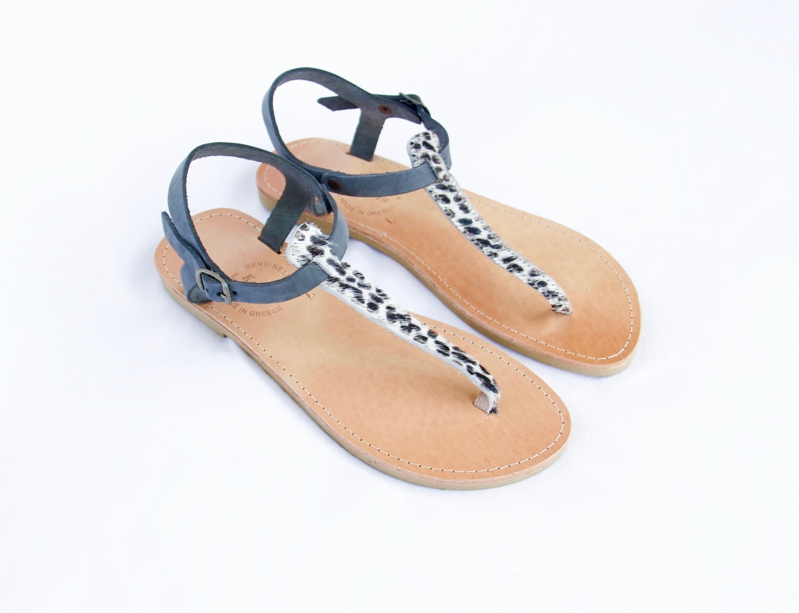 Zenais Sandals in Animal Print and Soft Grey Leather - Kardia